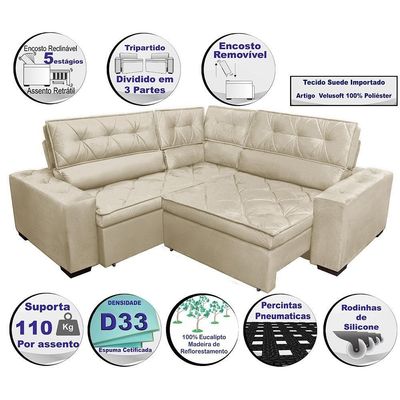 Sofa De Canto Retrátil E Reclinável Com Molas Cama Inbox Austin 2,70m X 2,70m Suede Velusoft Bege