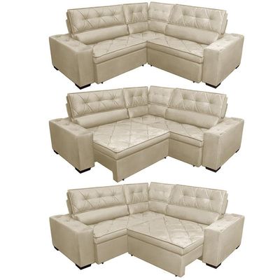 Sofa De Canto Retrátil E Reclinável Com Molas Cama Inbox Austin 2,70m X 2,70m Suede Velusoft Bege