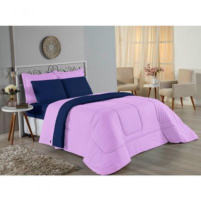 Kit Edredom Dupla Face + Jogo De Lençol Solteiro Nobre 5 Peças Malha 100% Algodão - Lilás / Azul-marinho
