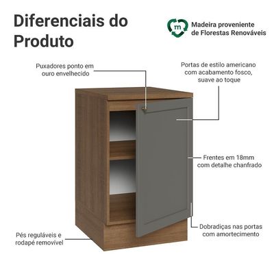 Balcão De Cozinha 50cm 1 Porta Rustic/cinza Vik Madesa Rustic/cinza