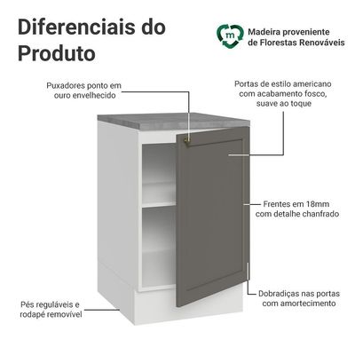 Balcão De Cozinha 50cm 1 Porta Branco/cinza Vik Madesa Branco/cinza