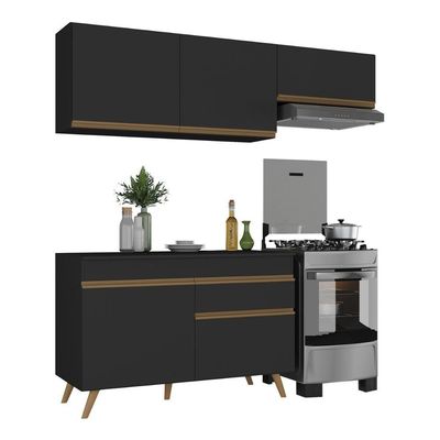 Armário Cozinha Modulada Compacta Com Balcão 3 Peças Veneza Multimóveis Mp3764 Preto/dourado