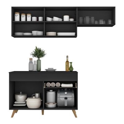 Armário Cozinha Modulada Compacta Com Balcão 3 Peças Veneza Multimóveis Mp3764 Preto/dourado