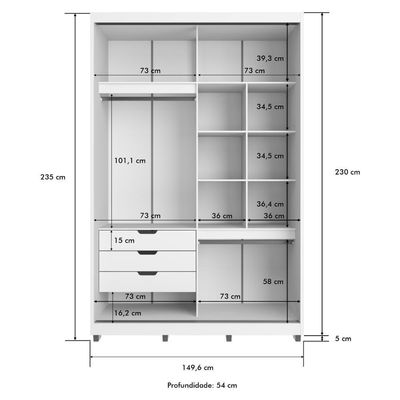 Guarda-roupa Solteiro Com Espelho 2 Portas Correr 3 Gavetas 150cm Multimóveis Cr35399 Branco