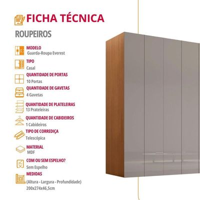 Guarda Roupa Casal Everest Mdf 10 Pts 4 Gav E 13 Prateleiras Naturalle/off White