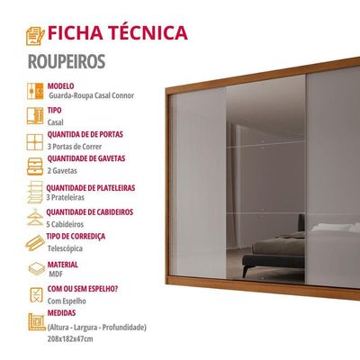 Guarda Roupa Casal Connor 3 Portas E 2 Gavetas Com Espelho Naturalle/off White
