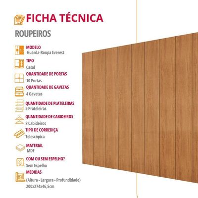 Guarda Roupa Casal Everest Mdf 10 Pts 4 Gav 5 Prateleiras Naturalle