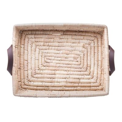 Bandeja Retangular Decorativa De Fibra Natural E Alça Em Couro Braid Lyor