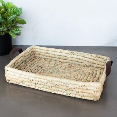 Bandeja Retangular Decorativa De Fibra Natural E Alça Em Couro Braid Lyor
