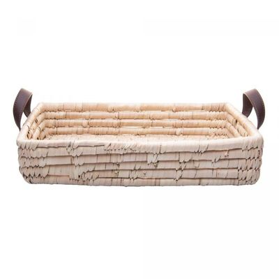Bandeja Retangular Decorativa De Fibra Natural E Alça Em Couro Braid Lyor