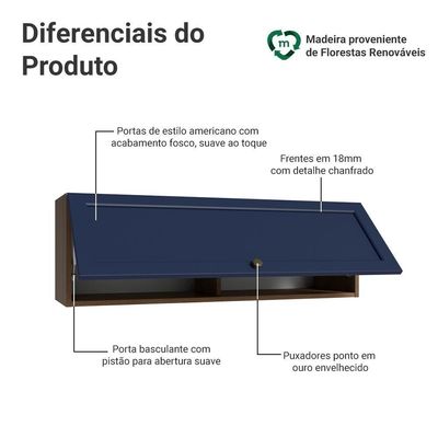 Armário Aéreo 100 Cm 1 Porta Basculante Rustic/azul Vik Madesa Rustic/azul