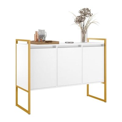 Buffet Aparador Sala Industrial 3 Portas Branco Dourado