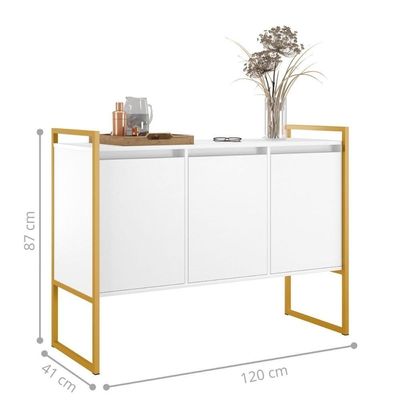 Buffet Aparador Sala Industrial 3 Portas Branco Dourado