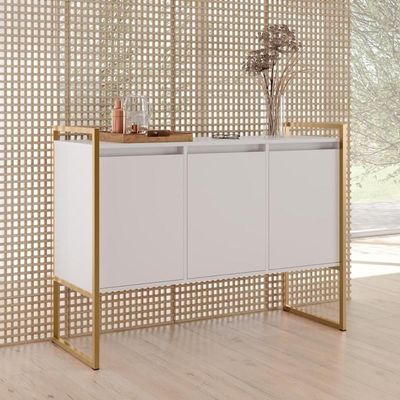 Buffet Aparador Sala Industrial 3 Portas Branco Dourado