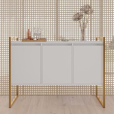 Buffet Aparador Sala Industrial 3 Portas Branco Dourado