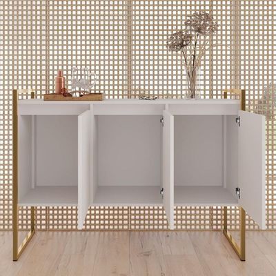 Buffet Aparador Sala Industrial 3 Portas Branco Dourado
