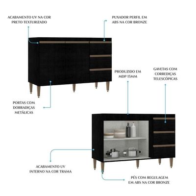 Balcão Para Pia 120cm Cozinha Modulada Milão Menu Móveis Preto