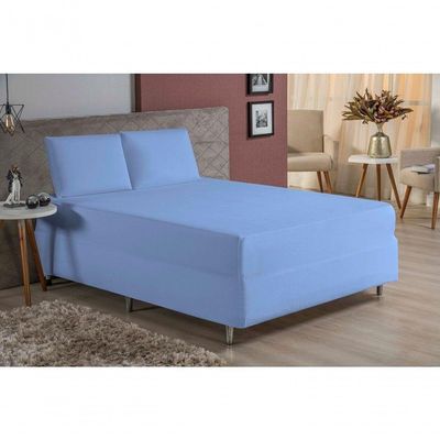 Jogo De Cama Queen Nobre 3 Peças Luva De Box 55cm De Altura Malha 100% Algodão - Azul-bebê