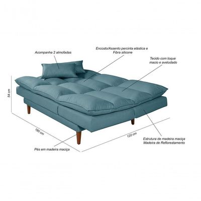 Sofá Cama Vancouver 3 Lugares Império Reclinável Casal Pés Madeira Suede Azul Turquesa 362