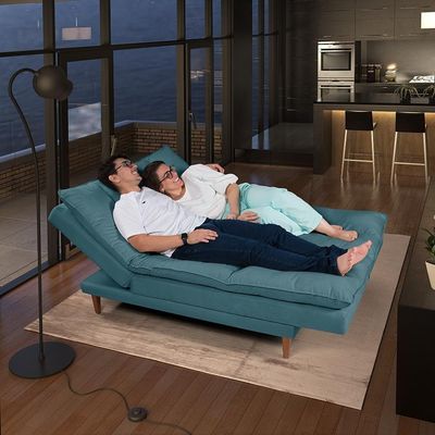 Sofá Cama Vancouver 3 Lugares Império Reclinável Casal Pés Madeira Suede Azul Turquesa 362