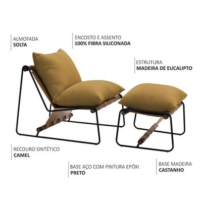 Kit Poltrona Com Puff Turim Base Aço Preto Recouro Camel Poliéster Mostarda - Nexta Casa