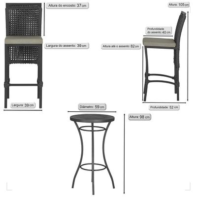 Mesa Bistrô E 2 Banquetas Roma Preta Corda Estofado 7 Trama Preto