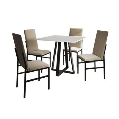 Conjunto De Jantar Mônaco Premium Mesa 90cm Com 4 Cadeiras Estofadas Para Cozinha - Branco-bege