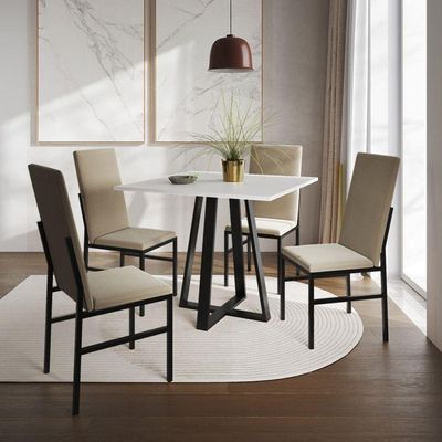 Conjunto De Jantar Mônaco Premium Mesa 90cm Com 4 Cadeiras Estofadas Para Cozinha - Branco-bege