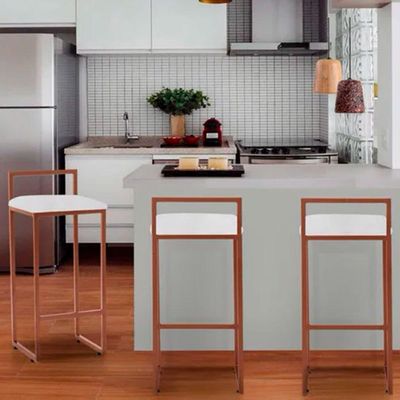 Kit 3 Banquetas Dori Premium Alta Industrial Para Bar Cozinha Bistrô Em Aço - Cobre-branco
