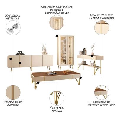 Buffet Aparador Cristaleira E Mesa De Centro Ester Off/castanho - Hb Móveis