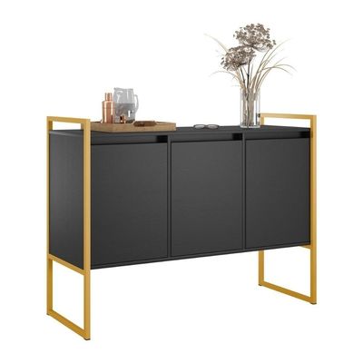 Buffet Aparador Sala Industrial 3 Portas Preto Dourado