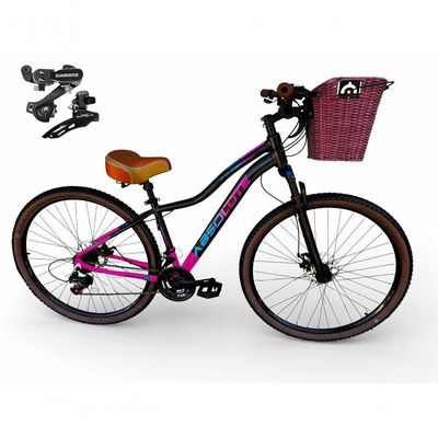 Bicicleta Aro 29 Feminina Absolute Hera Retrô Vintage 21v Shimano Confortável Cesta Selim 2 Molas - Preto/rosa Tam 15