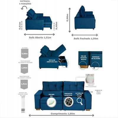 Sofá Baú San Marino Retrátil E Reclinável 3 Lugares Sofatec Azul
