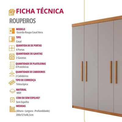 Guarda Roupa Solteiro Hera 4 Portas Rufato Naturalle/off White