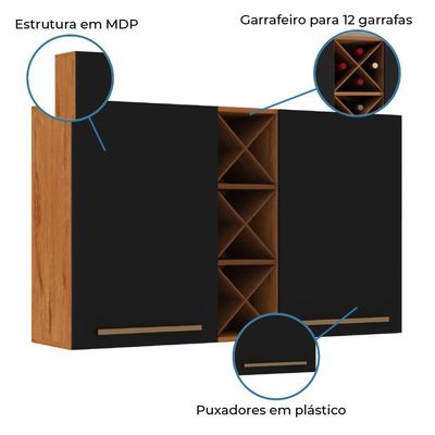 Armário Aéreo 2 Portas Com Garrafeiro Favorita Natura / Preto Preto Naturale