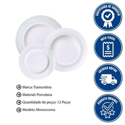 Jogo De Pratos Tramontina Monocroma Em Porcelana Decorada 12 Peças - 96589053