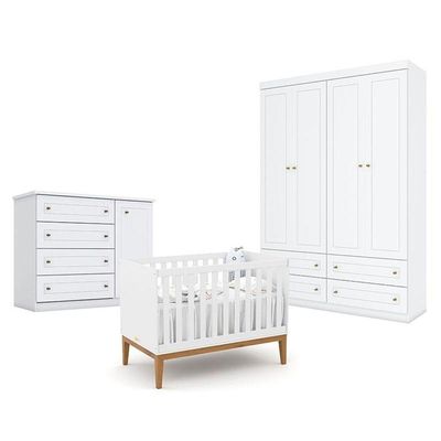 Quarto De Bebê Americano 4 Portas Com Berço Americano Unique Branco Soft Eco Wood - Matic - Henn