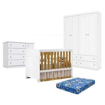 Quarto De Bebê Americano 4 Portas Com Berço Americano Katatau Branco Acetinado Savana - Reller - Henn E Colchão Ortobom