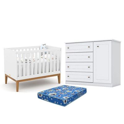 Berço Americano Unique Branco Soft Eco Wood - Matic E Cômoda Infantil Americano Branco Hp E Colchão Ortobom - Henn