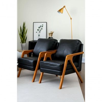 Kit 2 Poltronas Mona Luxo Madeira Maciça Corino Preto Para Sala De Estar Decorativa Moderna