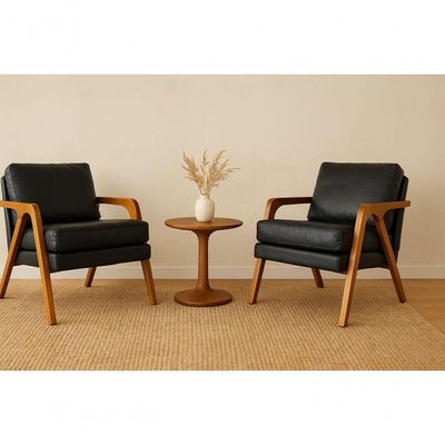Kit 2 Poltronas Mona Luxo Madeira Maciça Corino Preto Para Sala De Estar Decorativa Moderna