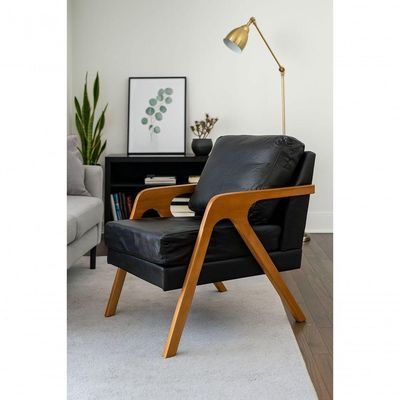 Kit 2 Poltronas Mona Luxo Madeira Maciça Corino Preto Para Sala De Estar Decorativa Moderna