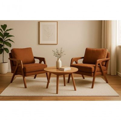 Kit 2 Poltronas Mona Luxo Madeira Maciça Linho Terracota Para Sala De Estar Decorativa Moderna