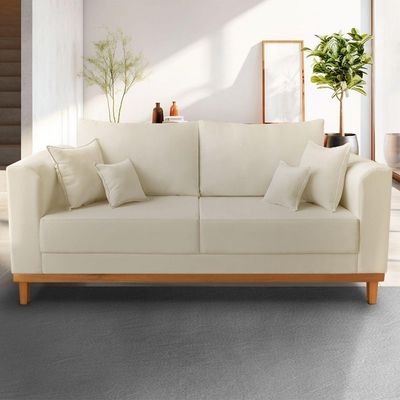 Sofá Viena Beny 3 Lugares Com Base De Madeira Suede Bege