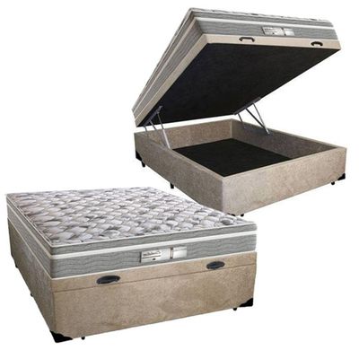 Cama Box Com Baú Casal Suede Bege Com Colchão De Molas Ensacadas - Probel - Evolution 138cm