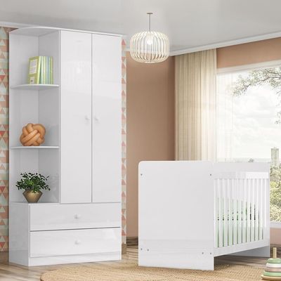 Jogo De Quarto Infantil Labirinto Com Guarda Roupa E Berço Branco Brilho - Móveis Henn Branco Brilho