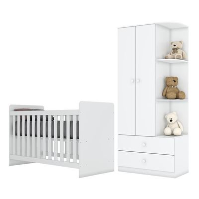 Jogo De Quarto Infantil Labirinto Com Guarda Roupa E Berço Branco Brilho - Móveis Henn Branco Brilho