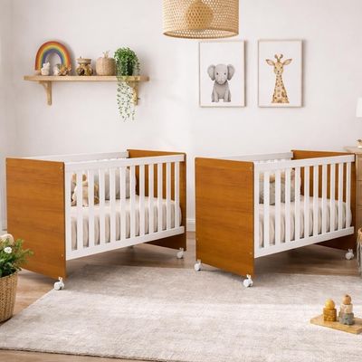 Kit Gêmeos Berço Americano Tico Branco/savana Com Colchões Baby Physical - Reller Móveis Branco/savana
