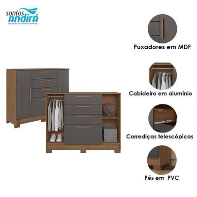 Comoda Pinhais 2 Portas 4 Gavetas Jatobá Grafite Acetinado - Santos Andirá