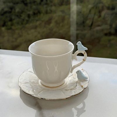 Xícara De Café Porcelana Birds Azul E Branca Fio Dourado Pássaro Com Pires 100ml Wolff